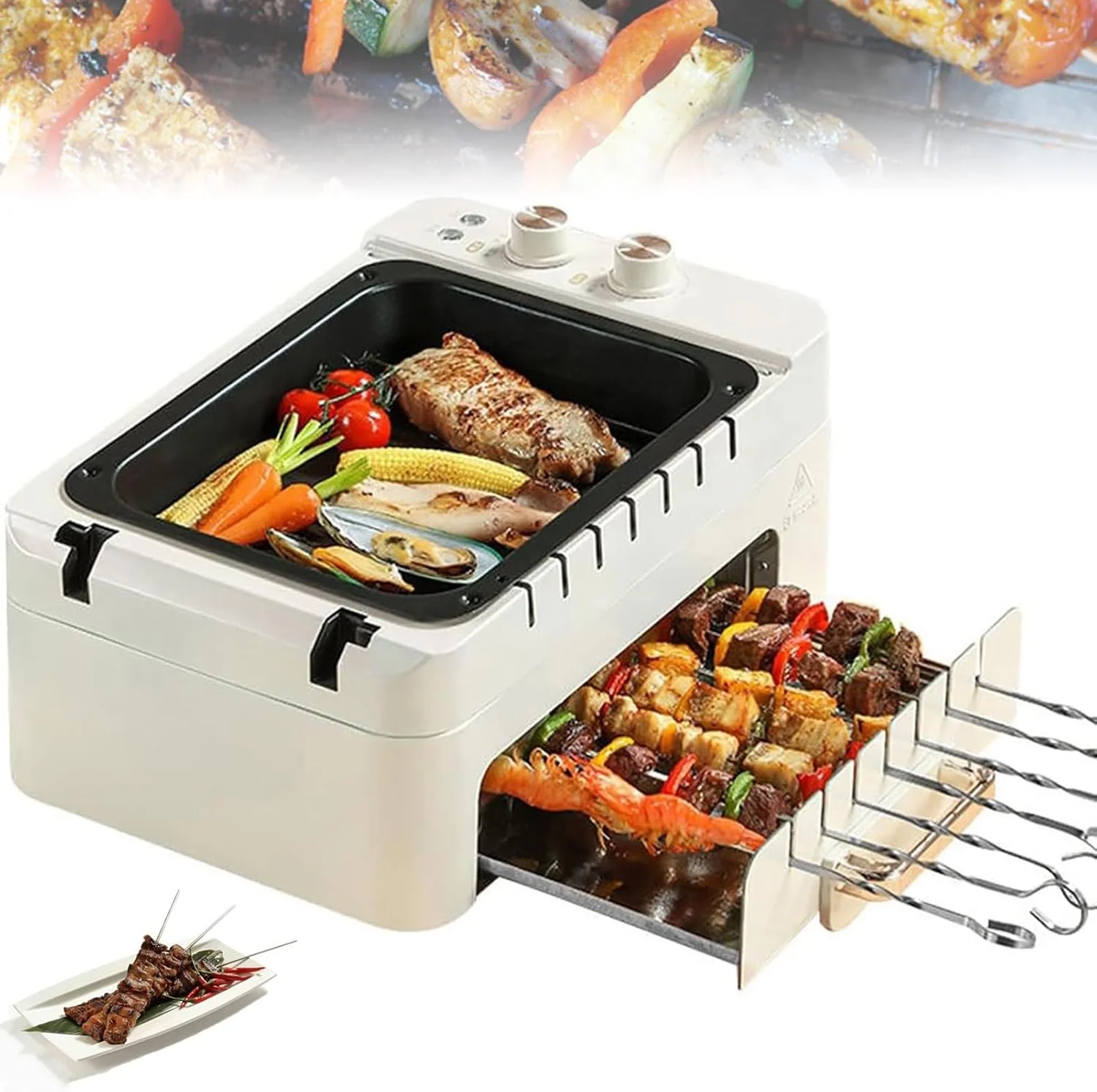 دستگاه کباب پز برقی با سیخ های گردان، گریل چند منظوره با صفحه داغ دو لایه، سیخ های چرخان 360 درجه نچسب، فر دو لایه با سه حالت قابل تنظیم زمان برای مهمانی ها، باربیکیو در حیاط خلوت، کمپینگ