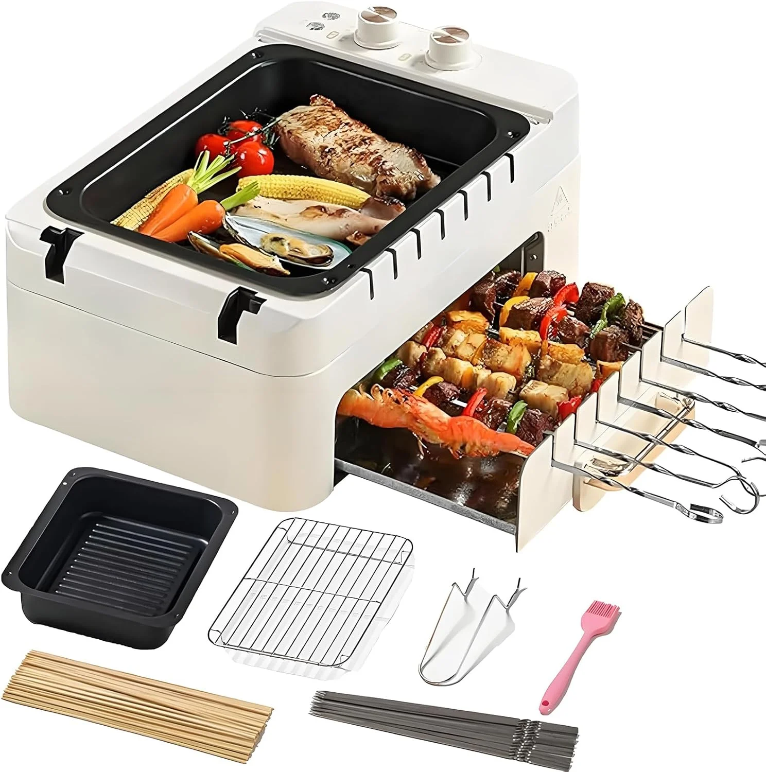 دستگاه کباب پز برقی باربیکیو، فر سیخ گردان 360 درجه، قابلمه و گریل دو لایه نچسب، برای کمپینگ در فضای باز و سرپوشیده، مهمانی ها، باربیکیو در حیاط خلوت، قابلمه باربیکیو بدون دود