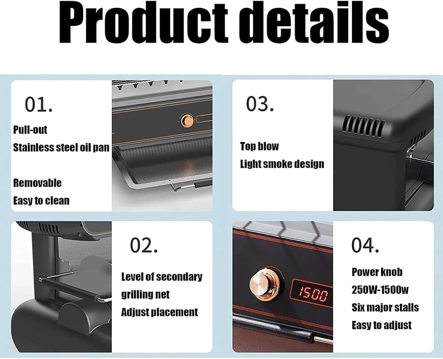 باربیکیو برقی بدون دود رومیزی، دستگاه کباب پز برقی 1500 وات، گریل برقی خانگی، عملکرد چرخش 360 درجه، تنظیم قدرت آتش 6 سطح، با سینی چکه گیر، برای کمپینگ در فضای داخلی و خارجی باربیکیو برقی بدون دود رومیزی، دستگاه کباب پز برقی 1500 وات، گریل برقی خانگی، عملکرد چرخش 360 درجه، تنظیم قدرت آتش 6 سطح، با سینی چکه گیر، برای کمپینگ در فضای داخلی و خارجی