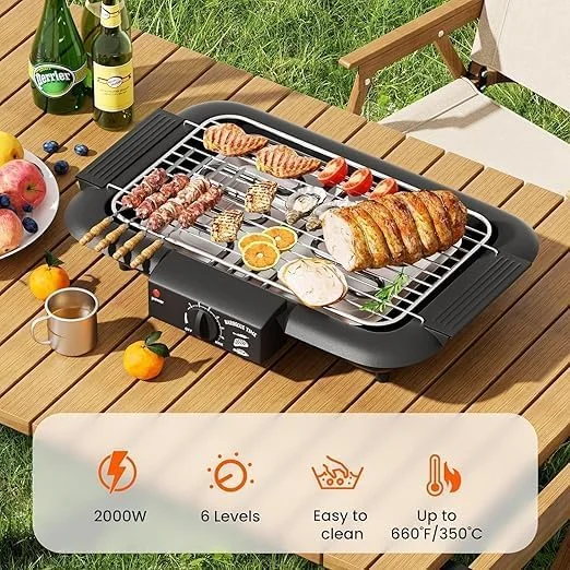 باربیکیو گریل برقی | گریل بدون دود و نچسب برای داخل و خارج از خانه | 2000 وات با قدرت بالا و لوله های حرارتی دوتایی | پایه قابل حمل و جدا شدن (مشکی درجه یک) باربیکیو گریل برقی | گریل بدون دود و نچسب برای داخل و خارج از خانه | 2000 وات با قدرت بالا و لوله های حرارتی دوتایی | پایه قابل حمل و جدا شدن (مشکی درجه یک)