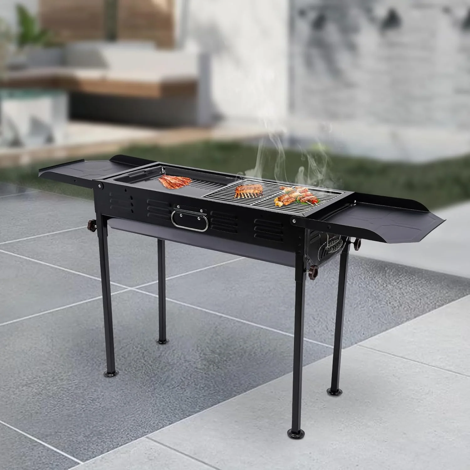 نگهدارنده کباب پز باربیکیو با قابلیت چرخش خودکار برای دورهمی های فضای باز، دستگاه کباب ساز، فر گریل، گریل فلزی استیل ضد زنگ، دستیار باربیکیو با ارتفاع قابل تنظیم