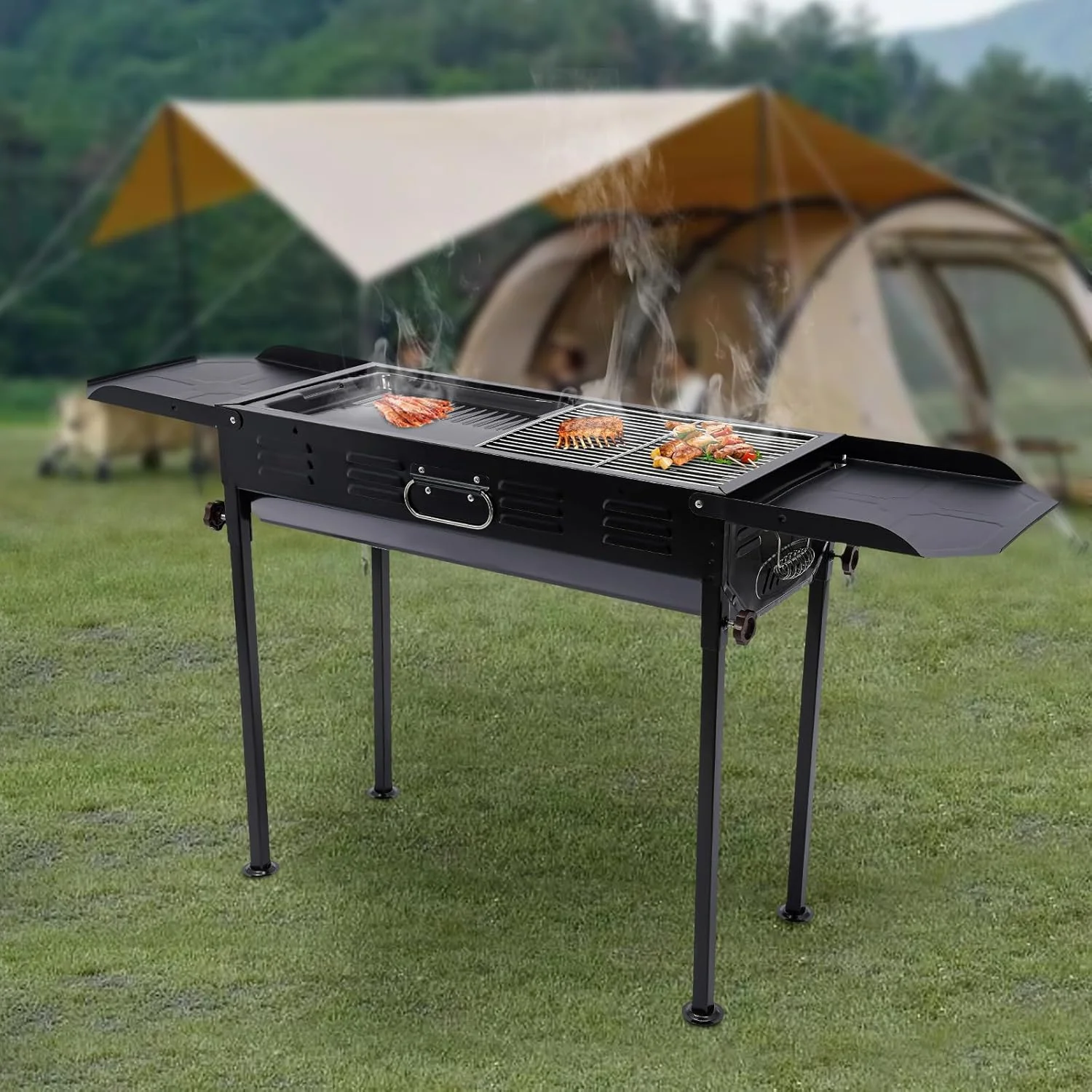 نگهدارنده کباب پز باربیکیو با قابلیت چرخش خودکار برای دورهمی های فضای باز، دستگاه کباب ساز، فر گریل، گریل فلزی استیل ضد زنگ، دستیار باربیکیو با ارتفاع قابل تنظیم