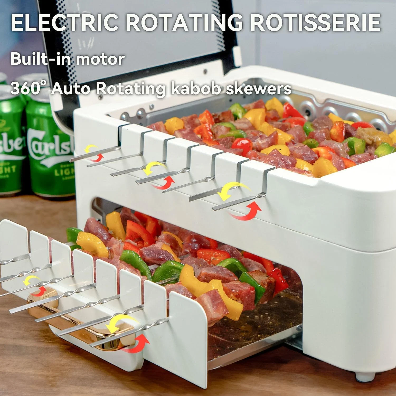 گریل برقی بدون دود برای کباب - گریل باربیکیو رومیزی 1000 وات با چرخش 360 درجه خودکار، باربیکیو داخلی با تابه گریل جداشدنی، پخت دوگانه