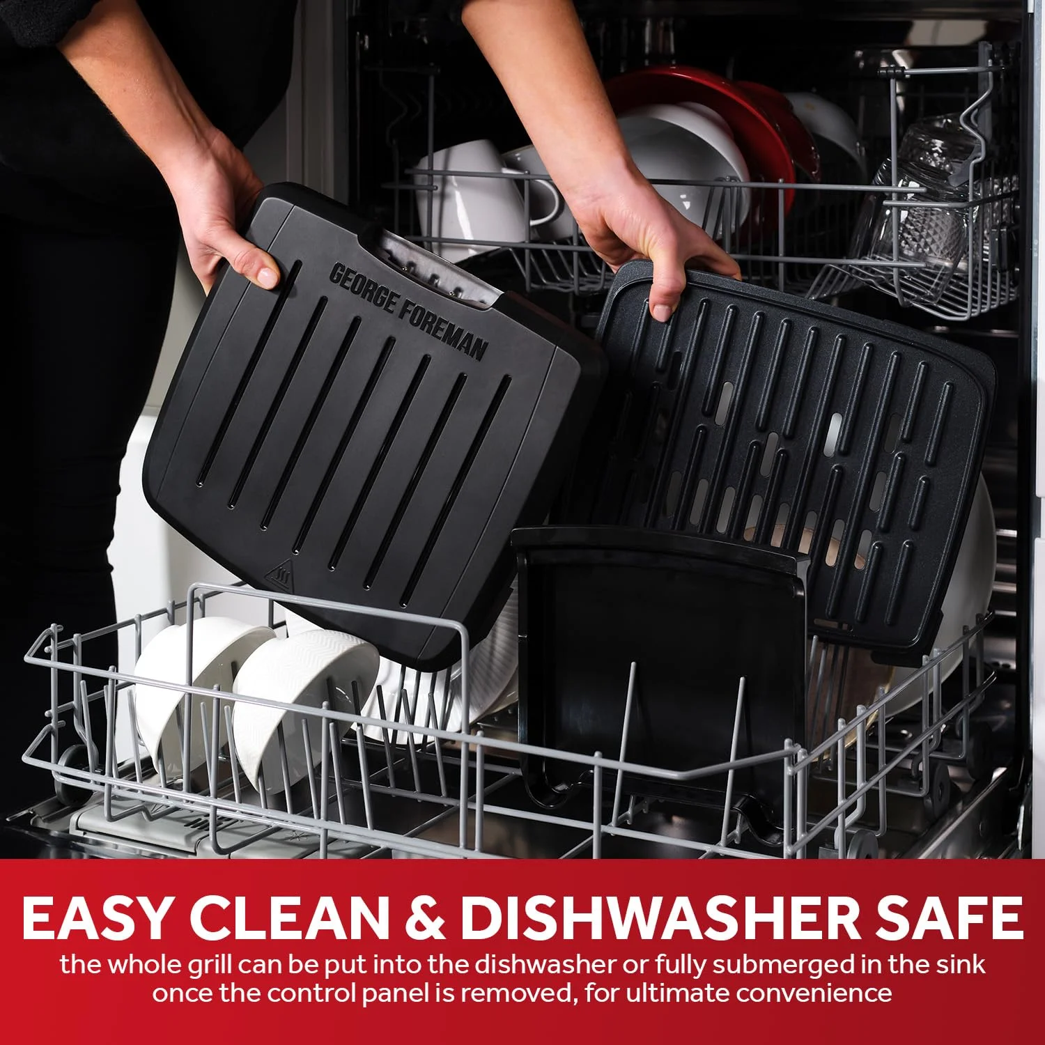 گریل برقی متوسط جورج فورمن ایمرسا [پنل کنترل جداشدنی امکان شستشوی کامل دستگاه در ماشین ظرفشویی، صرفه جویی در انرژی، سالم، تست، پانینی، صفحه داغ، باربیکیو] مشکی 28310