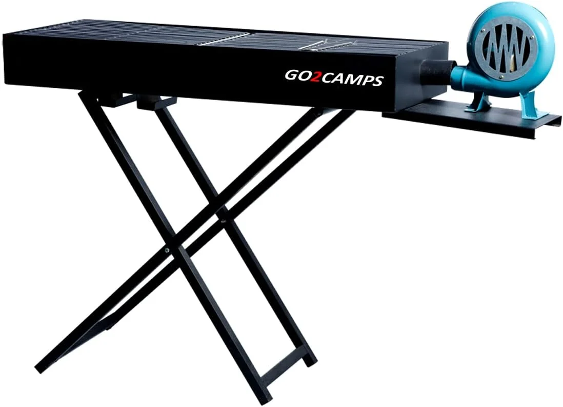باربیکیو ذغالی قابل حمل GO2CAMPS با فن دمنده-بزرگ، پایه تاشو X شکل | باربیکیو ذغالی فولادی با کیفیت عالی به همراه دمنده دستی هوا-مشکی-110 سانتی متر