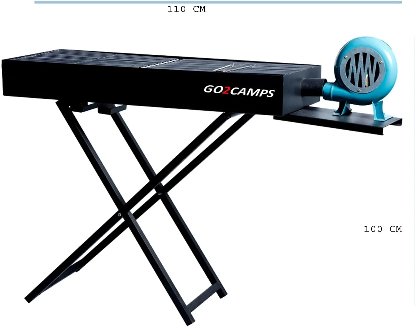 باربیکیو ذغالی قابل حمل GO2CAMPS با فن دمنده-بزرگ، پایه تاشو X شکل | باربیکیو ذغالی فولادی با کیفیت عالی به همراه دمنده دستی هوا-مشکی-110 سانتی متر