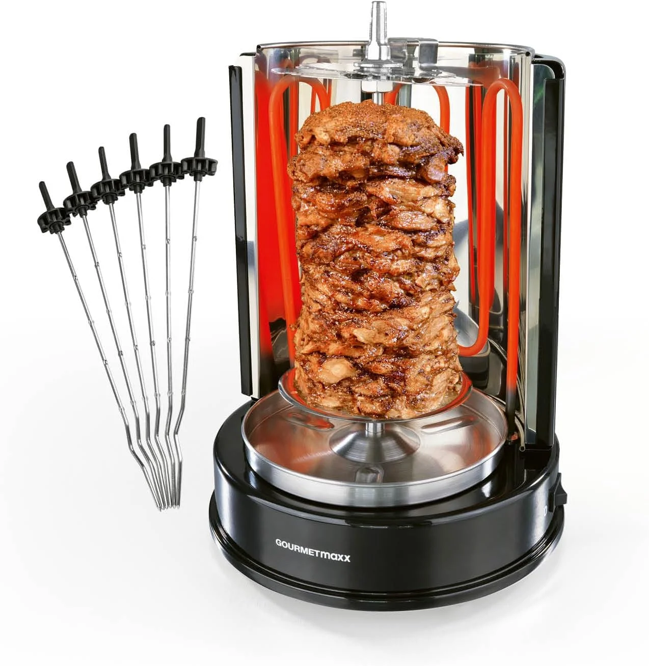 باربیکیو کباب GOURMETmaxx | گریل برقی عمودی برای کباب ترکی، ژیرو، کباب | گریل برقی با سیخ مرکزی و 6 سیخ اضافی، قابل استفاده به عنوان گریل کباب