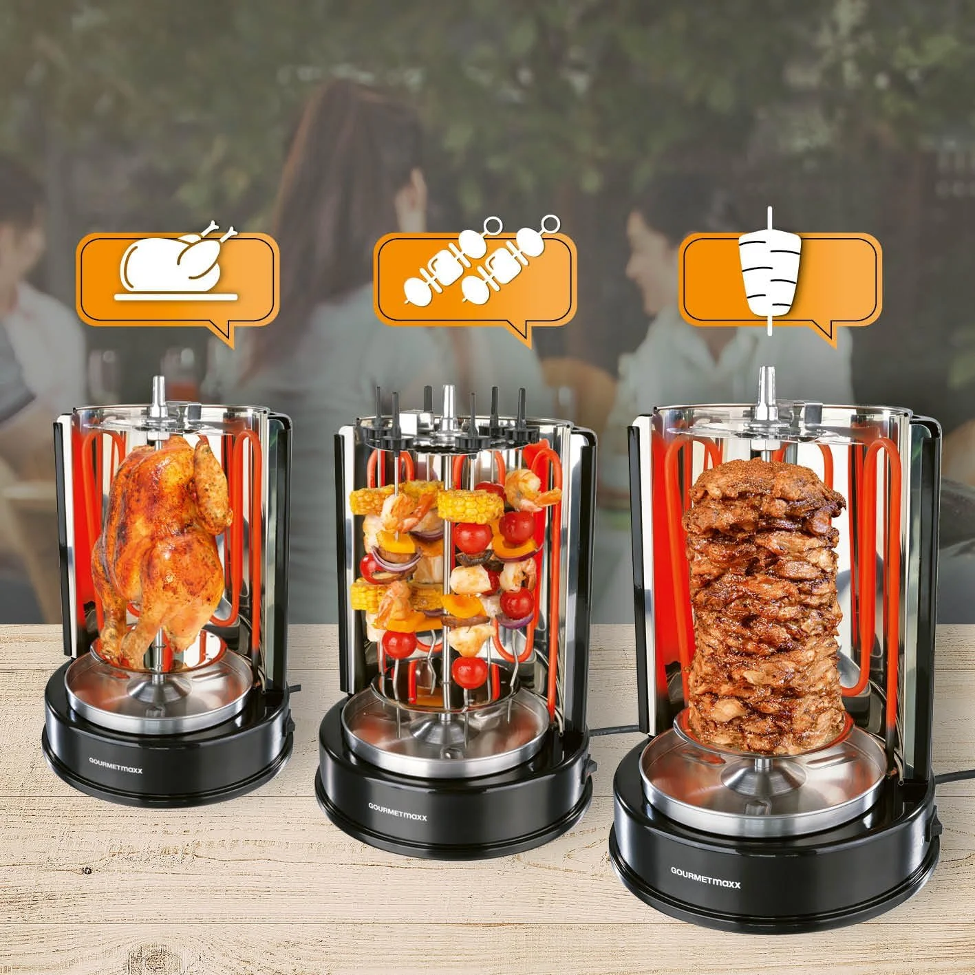 باربیکیو کباب GOURMETmaxx | گریل برقی عمودی برای کباب ترکی، ژیرو، کباب | گریل برقی با سیخ مرکزی و 6 سیخ اضافی، قابل استفاده به عنوان گریل کباب