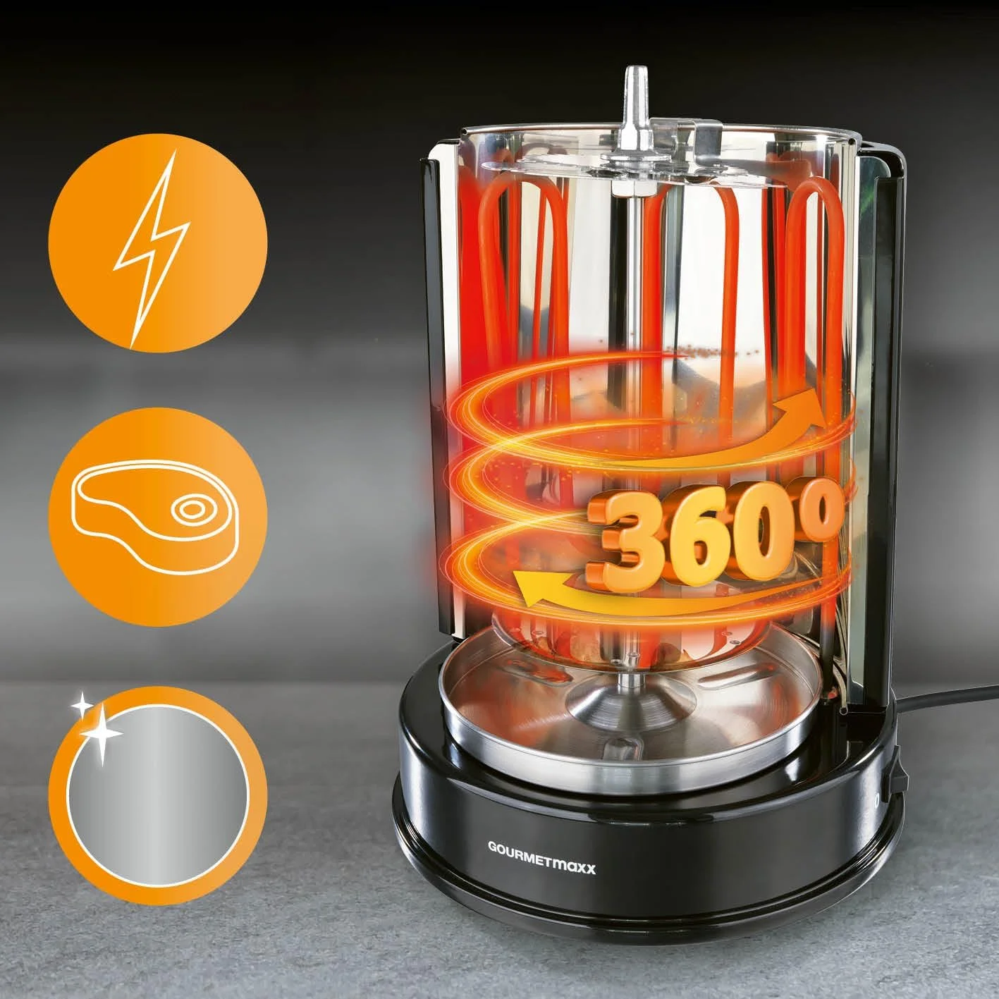 باربیکیو کباب GOURMETmaxx | گریل برقی عمودی برای کباب ترکی، ژیرو، کباب | گریل برقی با سیخ مرکزی و 6 سیخ اضافی، قابل استفاده به عنوان گریل کباب