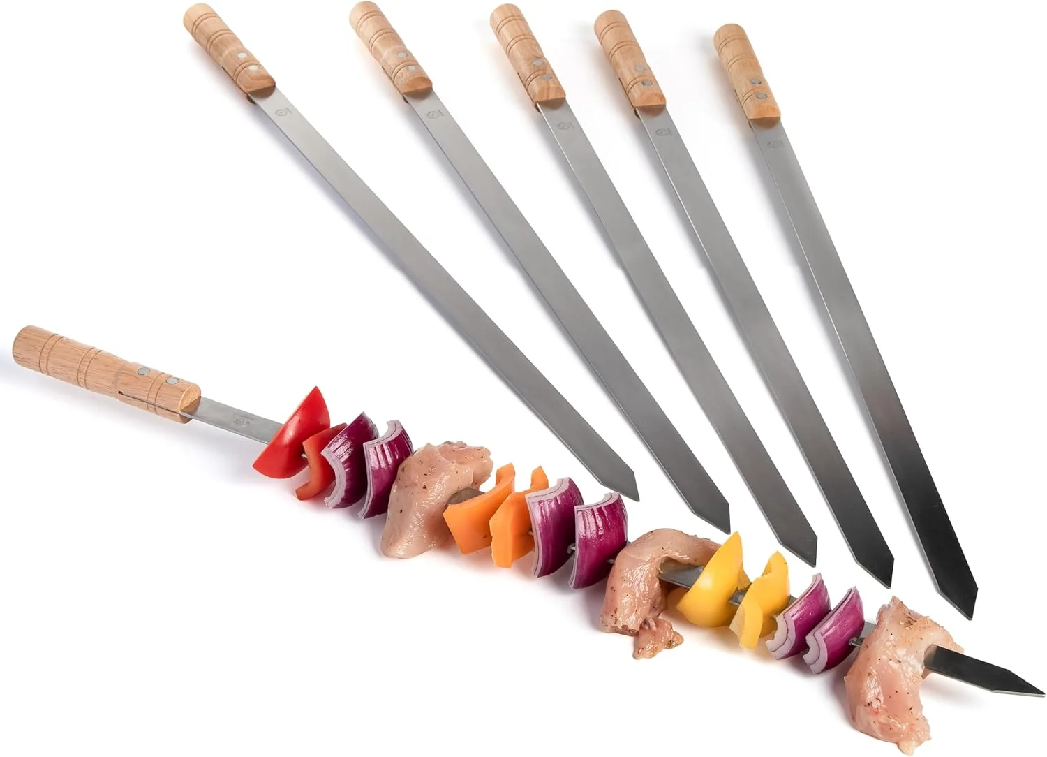 ۶ عدد سیخ کباب ترکی آدانا با دسته چوبی. سیخ های کباب پز استیل تخت پهن به طول ۵۷.۵ سانتی متر، عرض ۲ سانتی متر و ضخامت ۲ میلی متر. ۶ عدد سیخ کباب ترکی آدانا با دسته چوبی. سیخ های کباب پز استیل تخت پهن به طول ۵۷.۵ سانتی متر، عرض ۲ سانتی متر و ضخامت ۲ میلی متر.