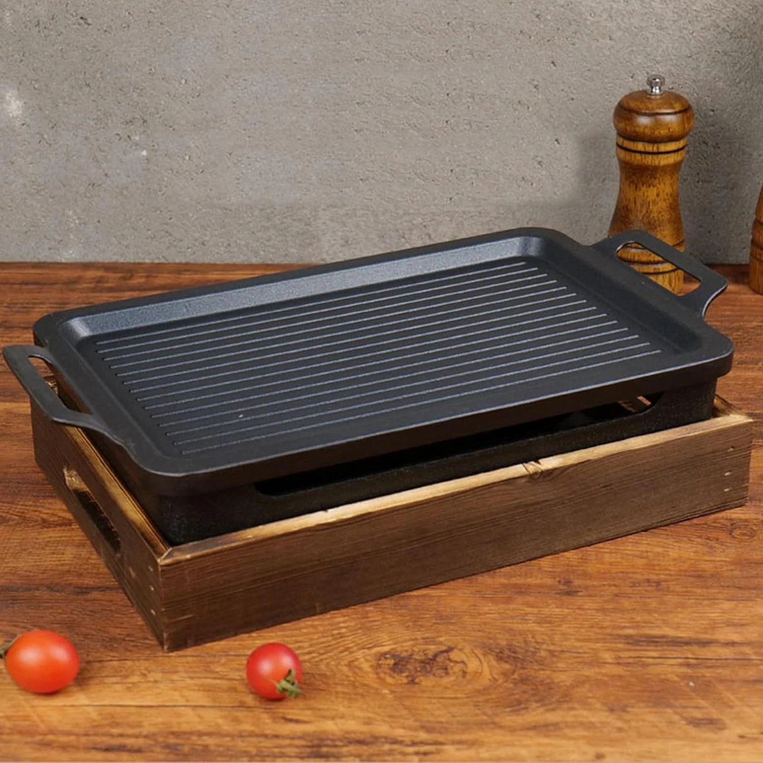 گریل رومیزی قابل حمل Jiawu، اجاق باربیکیو هیباچی ژاپنی برای فضای باز، کمپینگ و پیک نیک، اجاق الکلی 27x20 سانتی متری با قفسه چوبی، گریل باربیکیو خانگی