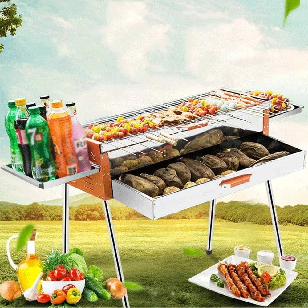 باربیکیو گریل استیل ضد زنگ خانگی ذغالی برای کباب و باربیکیو مناسب باغ، حیاط خلوت و کمپینگ با ابعاد ۷۱x۲۸x۷۴ سانتی متر