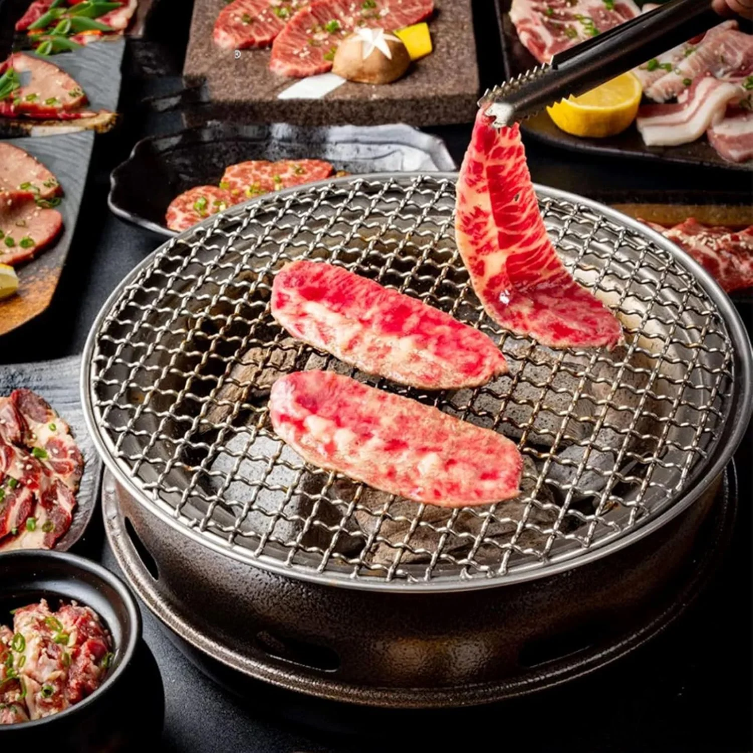 کباب پز چند منظوره ذغالی گرد رومیزی خانگی فلزی آهن قابل حمل اجاق گاز کمپینگ، 28x28x12.5 سانتی متر