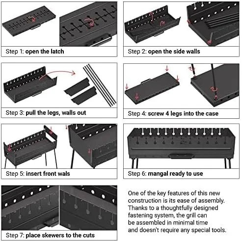 باربیکیو ذغالی MHH برای 12 سیخ - باربیکیو قابل حمل برای کمپینگ - منقل شیشلیک - منقل فلزی تاشو - کباب سیخی - باربیکیو برای پیک نیک، آشپزی در فضای باز، کمپینگ و پیاده روی N12
