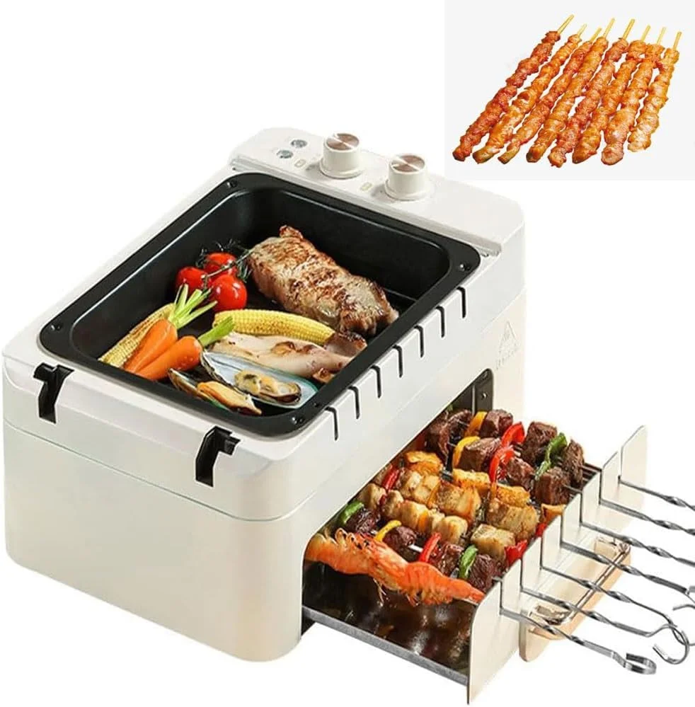 دستگاه کباب پز 1000 وات، دستگاه سیخ گردان خانگی بدون دود دو لایه نچسب، کباب پز برقی چرخشی 360 درجه اتوماتیک، طراحی جداشدنی، سه حالت، فر گریل برای داخل و خارج از منزل دستگاه کباب پز 1000 وات، دستگاه سیخ گردان خانگی بدون دود دو لایه نچسب، کباب پز برقی چرخشی 360 درجه اتوماتیک، طراحی جداشدنی، سه حالت، فر گریل برای داخل و خارج از منزل