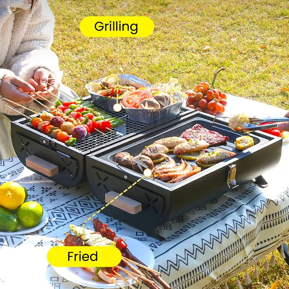 باربیکیو ذغالی دو طرفه قابل حمل با توری پخت و تشتک ذغال، باربیکیو ذغالی جمع و جور رومیزی برای مسافرت، کمپینگ، پیک نیک، حیاط خلوت، پخت و پز، مشکی باربیکیو ذغالی دو طرفه قابل حمل با توری پخت و تشتک ذغال، باربیکیو ذغالی جمع و جور رومیزی برای مسافرت، کمپینگ، پیک نیک، حیاط خلوت، پخت و پز، مشکی