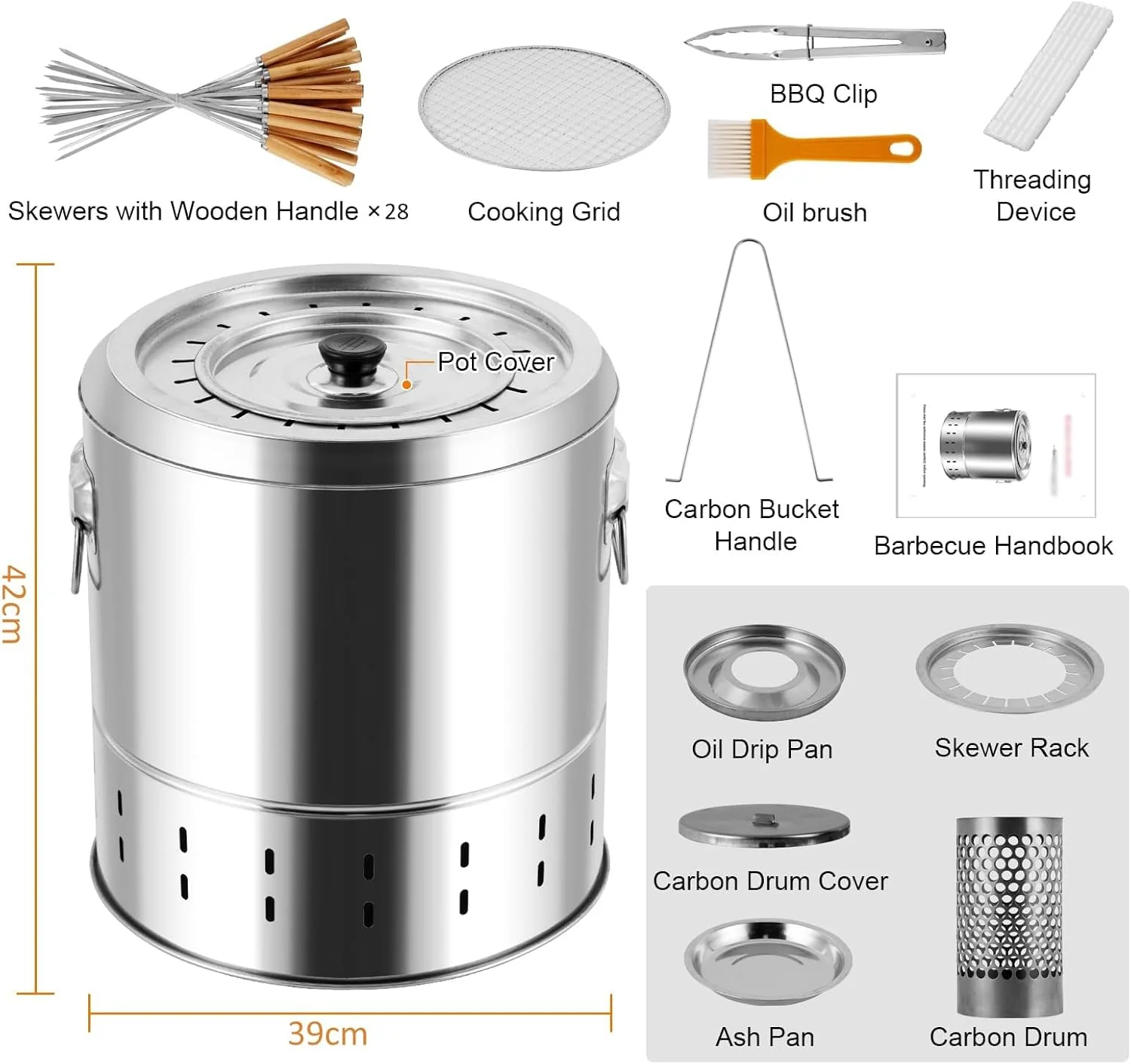 باربیکیو زغالی استوانه ای قابل حمل، کباب پز زغالی استیل با 28 سیخ، کباب پز چرخشی 360 درجه، اجاق باربیکیو آویز برای پیک نیک، کمپینگ، مسافرت باربیکیو زغالی استوانه ای قابل حمل، کباب پز زغالی استیل با 28 سیخ، کباب پز چرخشی 360 درجه، اجاق باربیکیو آویز برای پیک نیک، کمپینگ، مسافرت