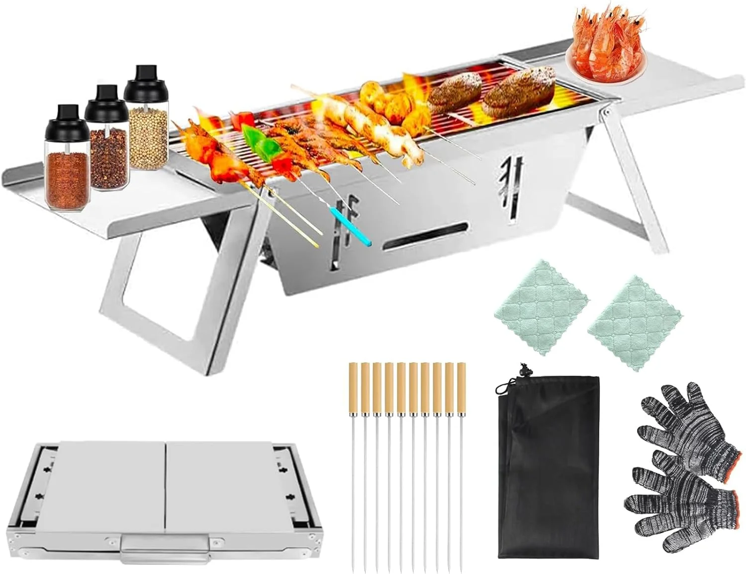 باربیکیو ذغالی قابل حمل با کیف حمل، باربیکیو کوچک تاشو استیل ضد زنگ برای 1-5 نفر، باربیکیو رومیزی فضای باز برای پخت و پز مسافرتی، شامل دستکش و کیف حمل و سیخ کباب با دسته چوبی باربیکیو ذغالی قابل حمل با کیف حمل، باربیکیو کوچک تاشو استیل ضد زنگ برای 1-5 نفر، باربیکیو رومیزی فضای باز برای پخت و پز مسافرتی، شامل دستکش و کیف حمل و سیخ کباب با دسته چوبی