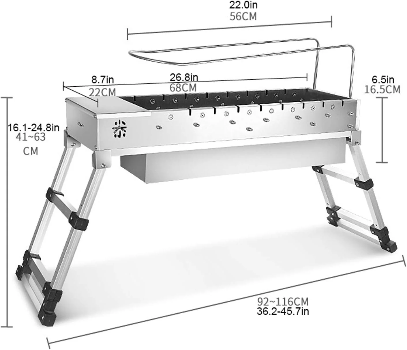 باربیکیو ذغالی قابل حمل، استیل ضد زنگ برس خورده، دارای 2 قفسه، مناسب کباب کردن در باغ، حیاط خلوت و کمپینگ باربیکیو ذغالی قابل حمل، استیل ضد زنگ برس خورده، دارای 2 قفسه، مناسب کباب کردن در باغ، حیاط خلوت و کمپینگ