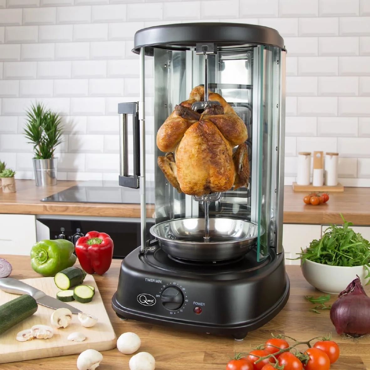 گریل/کباب پز برقی چرخشی Quest 34020 / مناسب برای کباب، سیخ و بریان کردن / تایمر 60 دقیقه ای / درب شیشه ای کشویی / خاموش شدن خودکار / 1500 وات