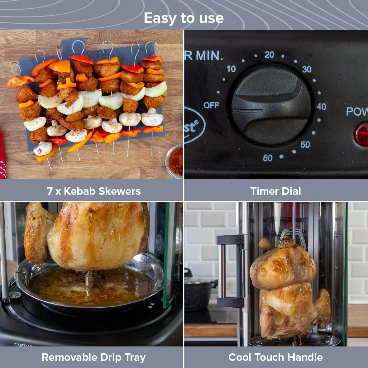 گریل/کباب پز برقی چرخشی Quest 34020 / مناسب برای کباب، سیخ و بریان کردن / تایمر 60 دقیقه ای / درب شیشه ای کشویی / خاموش شدن خودکار / 1500 وات