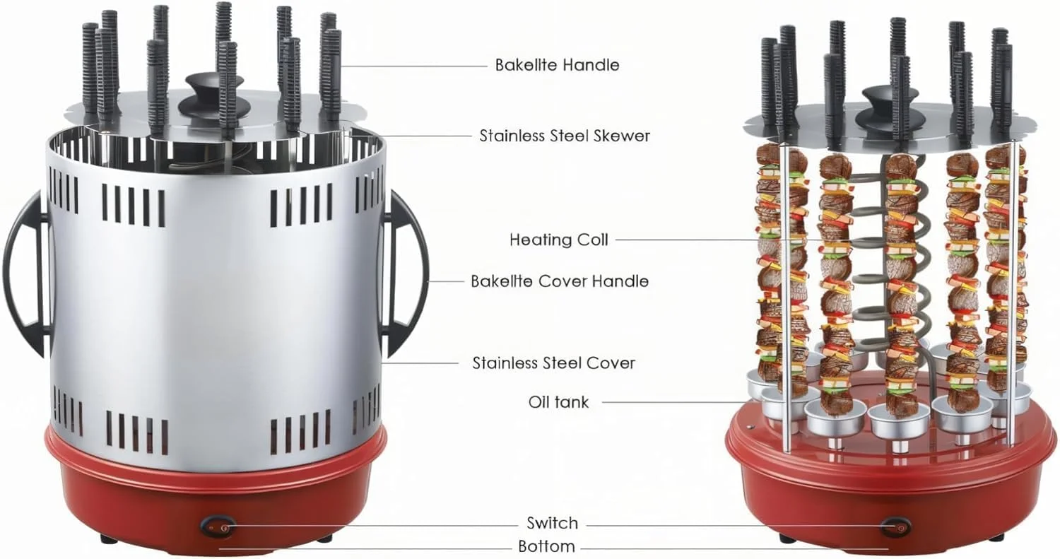 دستگاه کباب پز برقی چرخشی 1500 وات با 11 سیخ و چرخش 360 درجه اتوماتیک - کباب پز بدون دود برای خانه، آشپزخانه، فضای باز - مدل SF5950RBQ