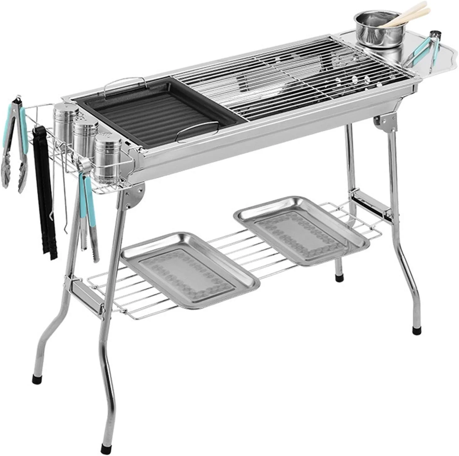 باربیکیو تاشو استیل ضد زنگ ZLQHDG مناسب برای پیک نیک و کباب پز، اجاق ذغالی نقره ای مناسب برای 3-6 نفر باربیکیو تاشو استیل ضد زنگ ZLQHDG مناسب برای پیک نیک و کباب پز، اجاق ذغالی نقره ای مناسب برای 3-6 نفر