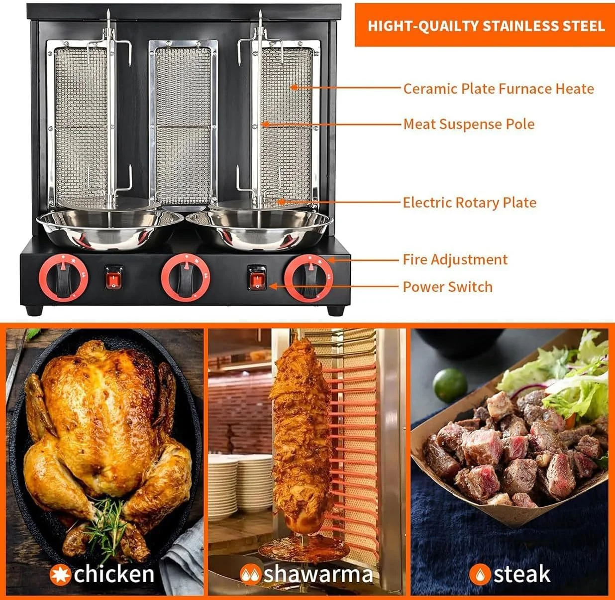 دستگاه گریل عمودی، دستگاه کباب ترکی گازی چرخان 360 درجه، با 3 مشعل، سینی جمع آوری گوشت، تجهیزات گازی گریل چرخشی، برای استفاده در آشپزخانه منزل و رستوران، نقره ای