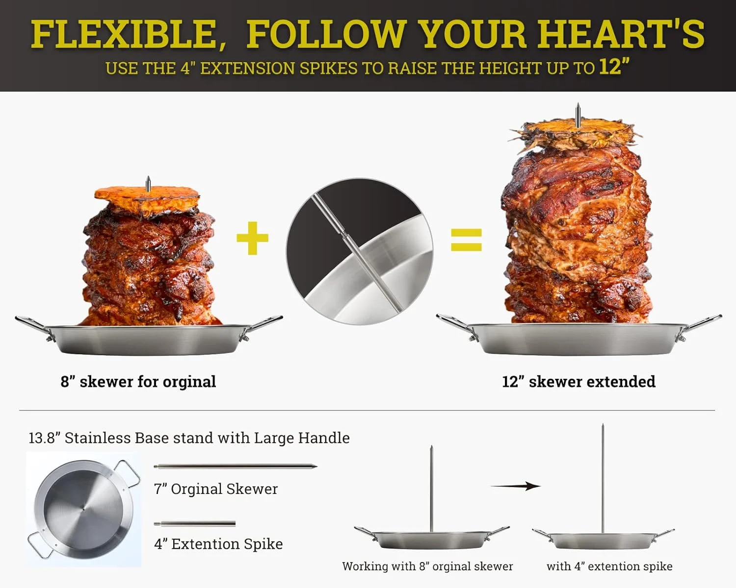 سیخ بزرگ ۱۲ اینچی آل پاستور برای گریل - سیخ عمودی شامل میله استیل ۷ اینچی و میخ های افزایشی ۴ اینچی - پایه استکر باربیکیو مناسب برای شاورما، مرغ کامل و کباب سیخ بزرگ ۱۲ اینچی آل پاستور برای گریل - سیخ عمودی شامل میله استیل ۷ اینچی و میخ های افزایشی ۴ اینچی - پایه استکر باربیکیو مناسب برای شاورما، مرغ کامل و کباب