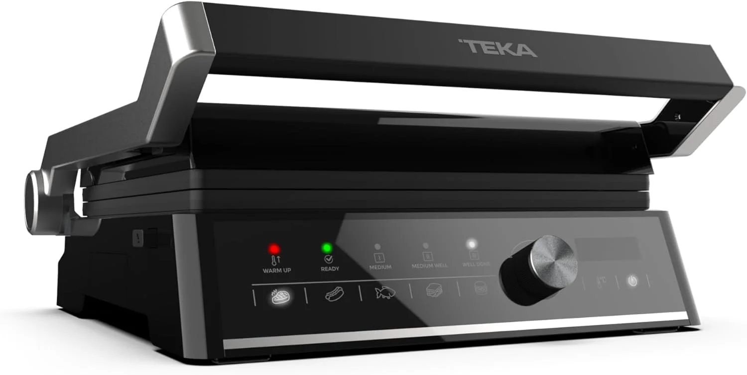 گریل برقی چندکاره Teka EliteGrill، پنل کنترل لمسی دیجیتال، 5 برنامه خودکار، باز شدن 180 درجه، سینی چربی گیر، صفحات جداشدنی برای تمیز کردن آسان