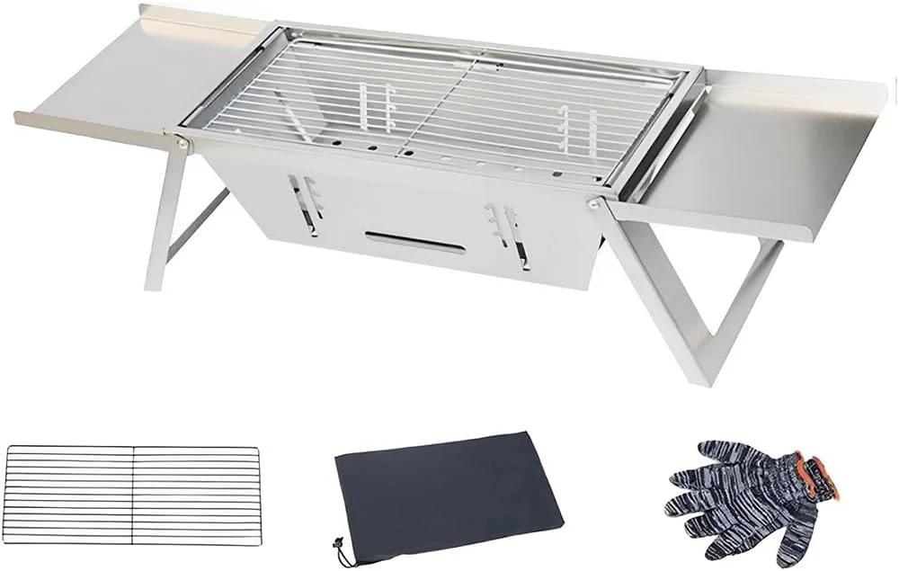 باربیکیو تومویز، مجموعه گریل ذغالی استیل، گریل تاشو با توری گریل، کیف نگهداری و دستکش، مناسب پیک نیک کمپینگ در فضای باز، 41 * 21.5 * 10 سانتی متر
