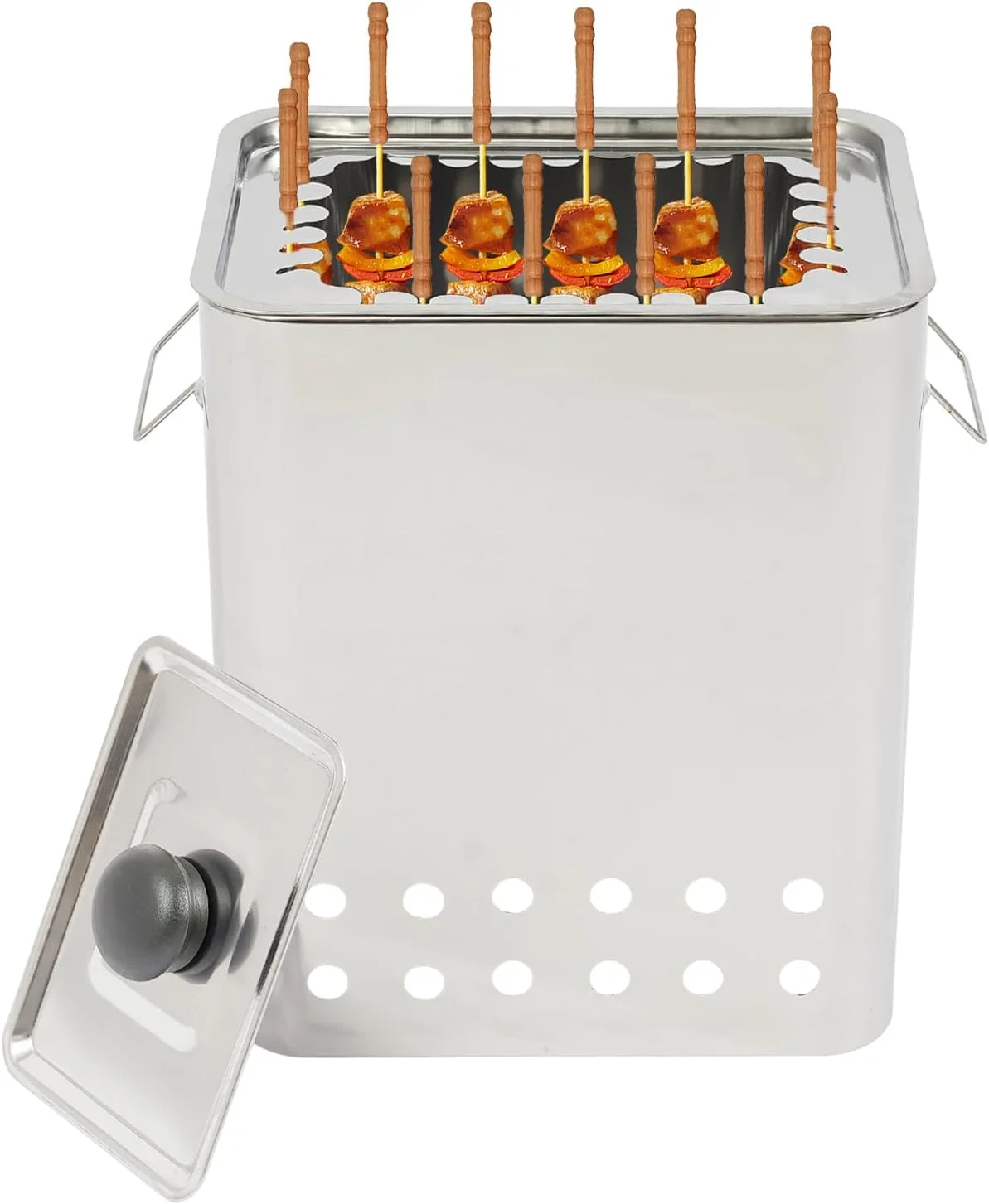 باربیکیو کباب پز مربعی بدون دود قابل حمل با دسته سطل زغال، کباب پز زغالی استیل با دسته، ظرفیت 26 سیخ، برای پیک نیک، کمپینگ و باربیکیو