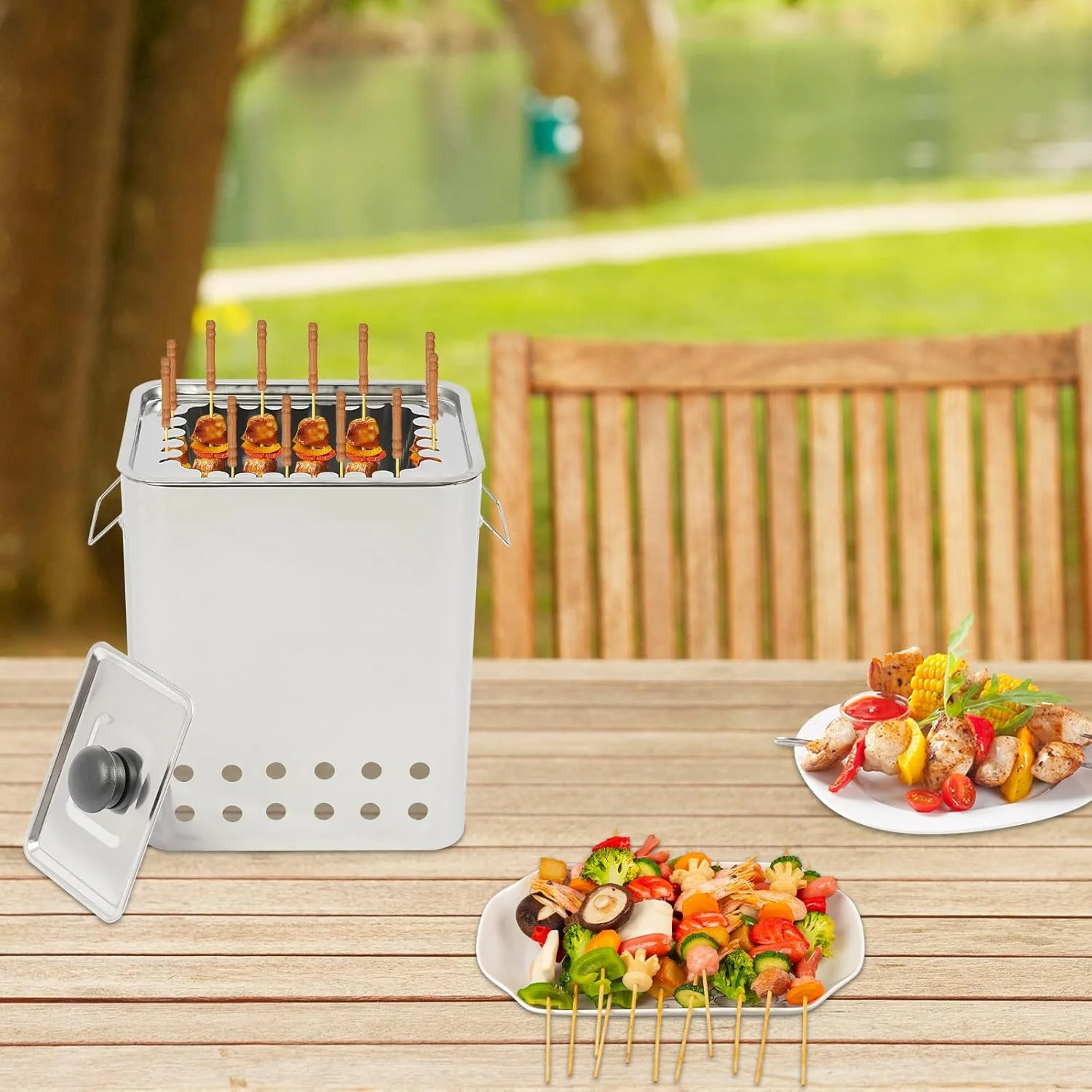 باربیکیو کباب پز مربعی بدون دود قابل حمل با دسته سطل زغال، کباب پز زغالی استیل با دسته، ظرفیت 26 سیخ، برای پیک نیک، کمپینگ و باربیکیو