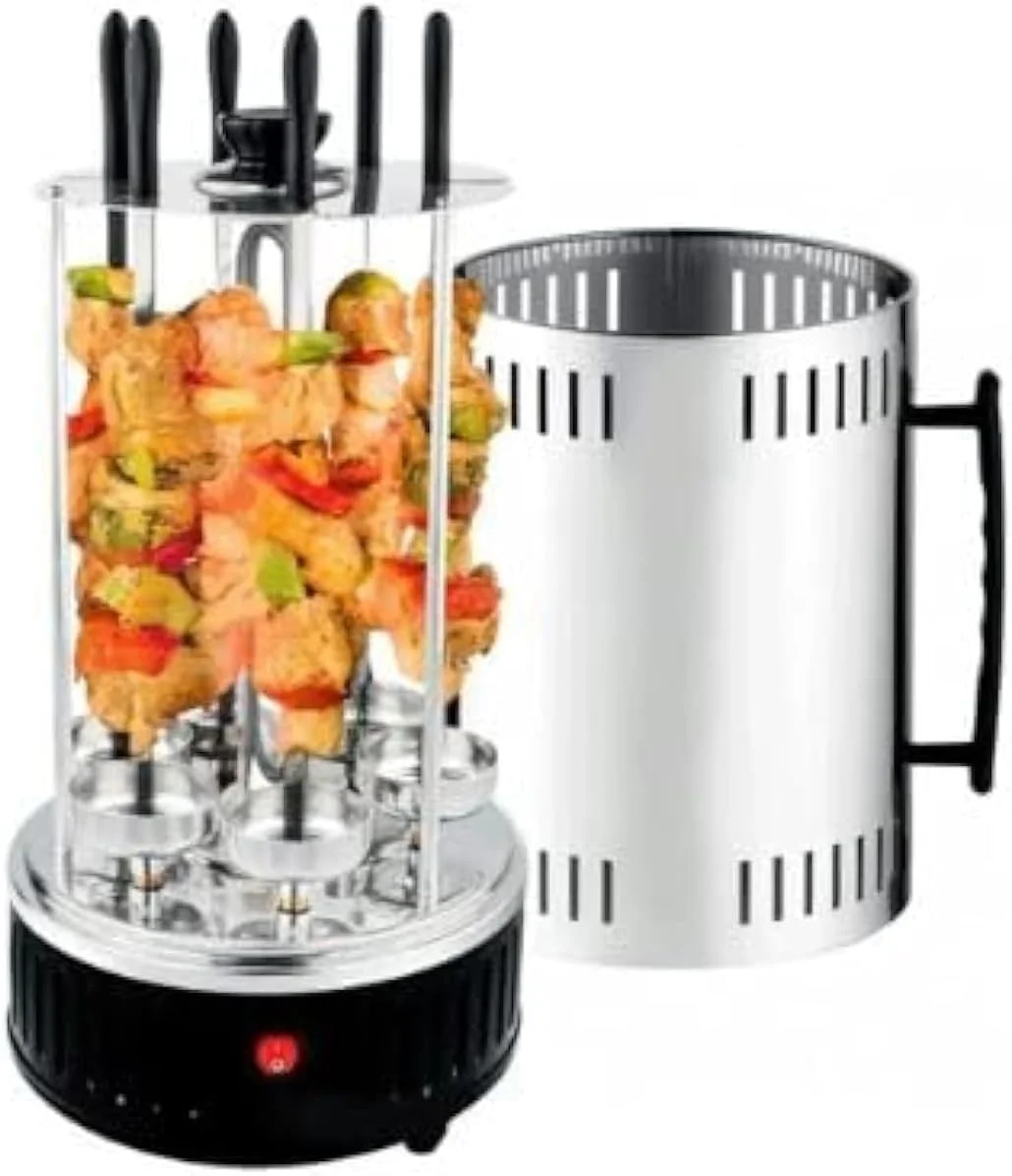 دستگاه باربیکیو برقی عمودی بدون دود 360 درجه | فر چرخشی اتوماتیک برای مهمانی های خانگی | دارای 5 سیخ بلند و چنگال گریل (عمودی)