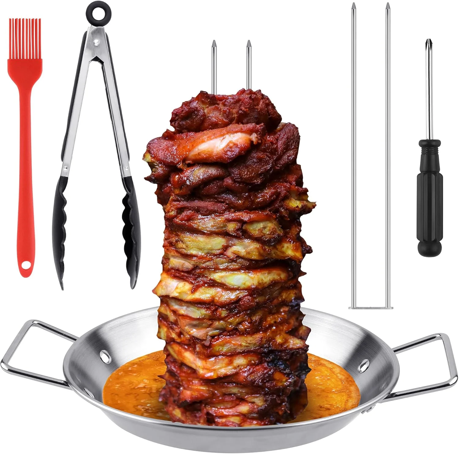 سیخ آلومینیومی Vivantia Al Pastor برای گریل، تابه سیخ عمودی استیل ضد زنگ با 2 میله جداشدنی، برس، انبر و پیچ گوشتی برای تاکو آل پاستور، بوقلمون شاورما، فر دودی و باربیکیو