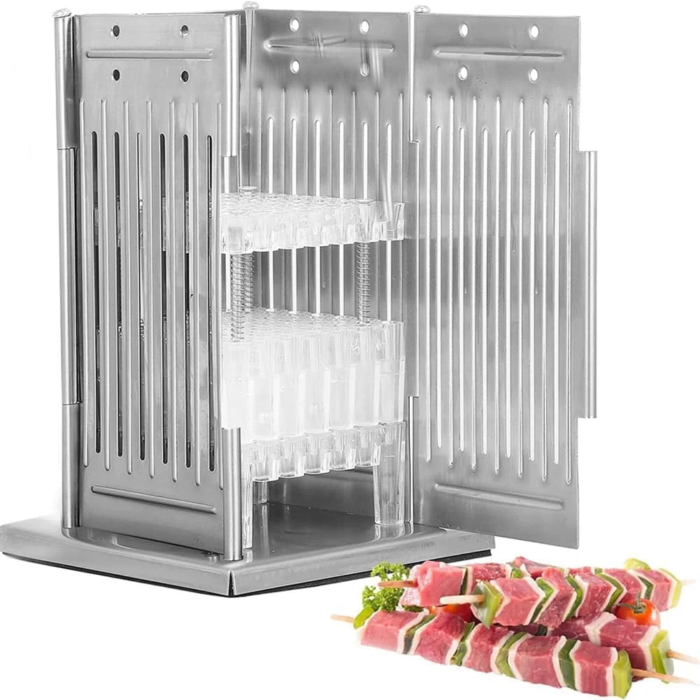 قفس گریل استیل ضد زنگ باربیکیو، دستگاه سیخ گیر گوشت استیل 49 سوراخه، قفس سوزنی سیخ گردان فلزی کباب پز، به همراه 100 عدد چوب بامبو با ارتفاع قابل تنظیم، دستگاه کباب زن