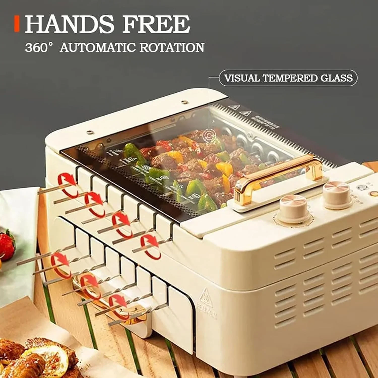 دستگاه کباب پز برقی WIKINK، گریل برقی داخلی، دستگاه سیخ گردان اتوماتیک 360 درجه، 3 حالت، باربیکیو بدون دود خانگی نچسب، گریل رومیزی برای پخت و پز در داخل/خارج از منزل