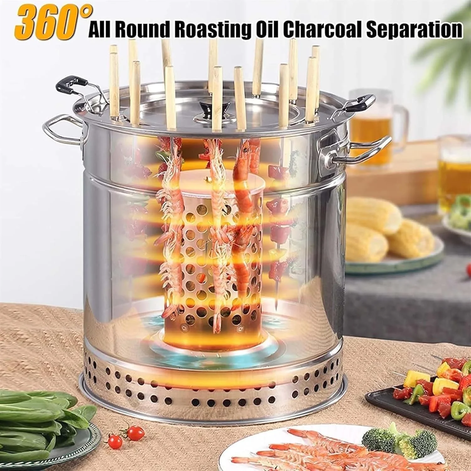 فر چرخشی عمودی YZRDCXM، دستگاه کباب پز بدون دود 20-28، کباب پز خانگی، کباب پز زغالی فضای باز/داخلی، پخت سریع 5-6 دقیقه ای، جدا کننده روغن و کربن