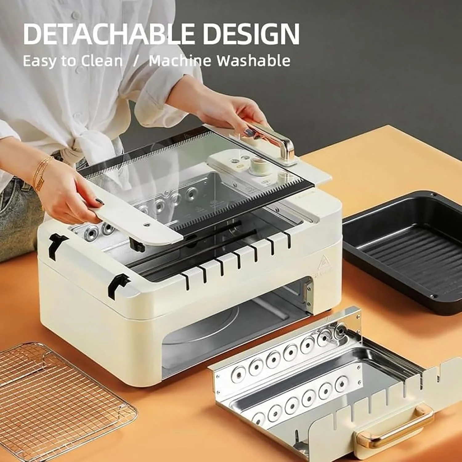 دستگاه کباب پز برقی WIKINK، گریل برقی داخلی، دستگاه سیخ گردان اتوماتیک 360 درجه، 3 حالت، باربیکیو بدون دود خانگی نچسب، گریل رومیزی برای پخت و پز در داخل/خارج از منزل