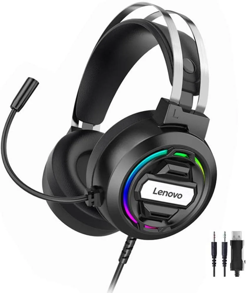 هدفون گیمینگ لنوو H401 با نور LED، میکروفون حذف نویز و صدای فراگیر استریو باس 40 میلی‌متری برای کامپیوتر - مشکی، سیمی