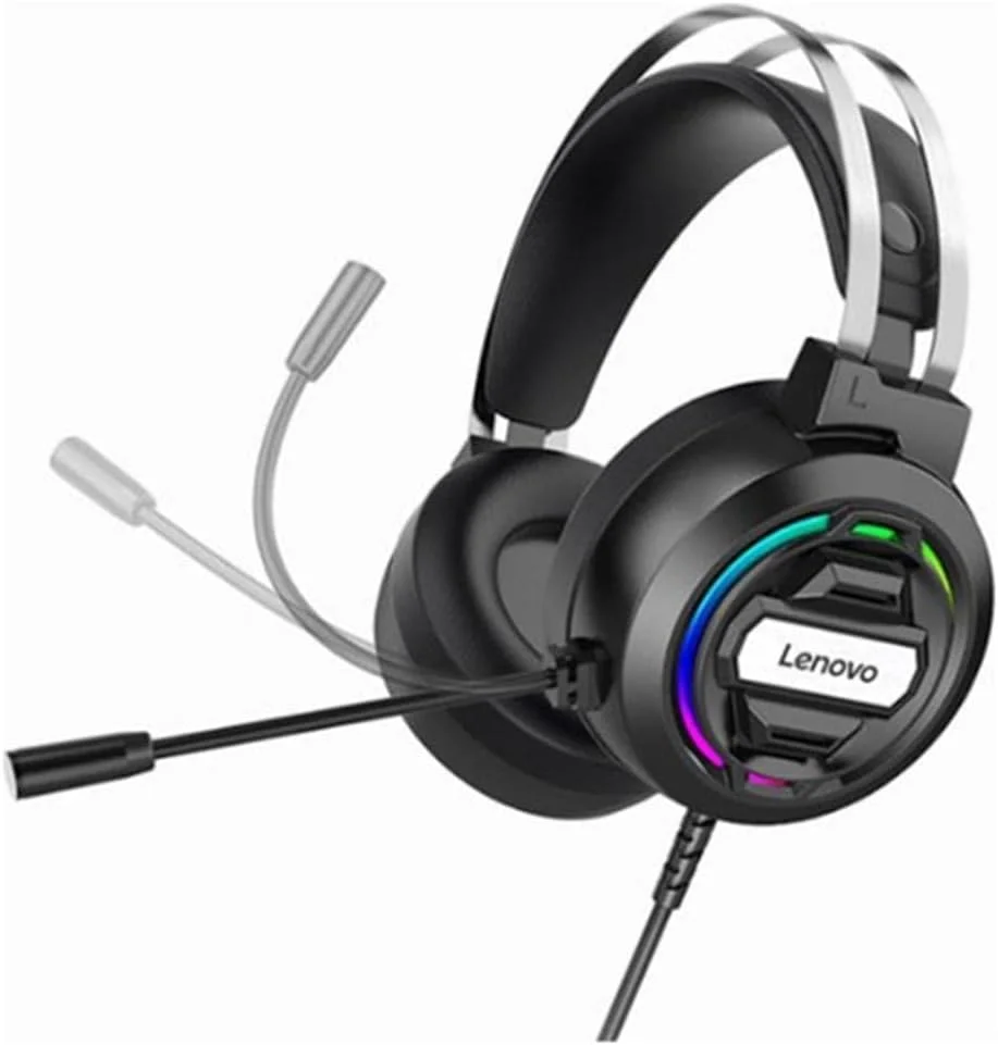 هدفون گیمینگ لنوو H401 با نور LED، میکروفون حذف نویز و صدای فراگیر استریو باس 40 میلی‌متری برای کامپیوتر - مشکی، سیمی