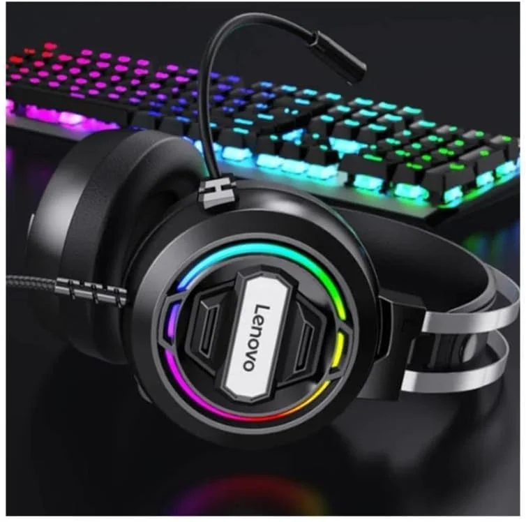 هدفون گیمینگ لنوو H401 با نور LED، میکروفون حذف نویز و صدای فراگیر استریو باس 40 میلی‌متری برای کامپیوتر - مشکی، سیمی