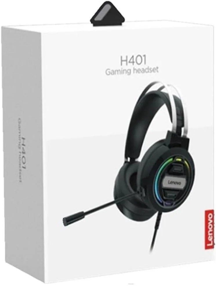 هدفون گیمینگ لنوو H401 با نور LED، میکروفون حذف نویز و صدای فراگیر استریو باس 40 میلی‌متری برای کامپیوتر - مشکی، سیمی