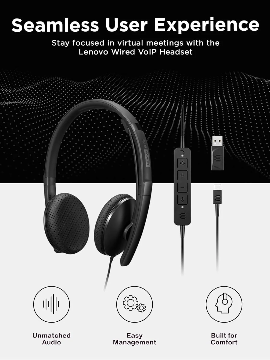 هدست سیمی VoIP لنوو، دارای گواهی Microsoft Teams، مشکی