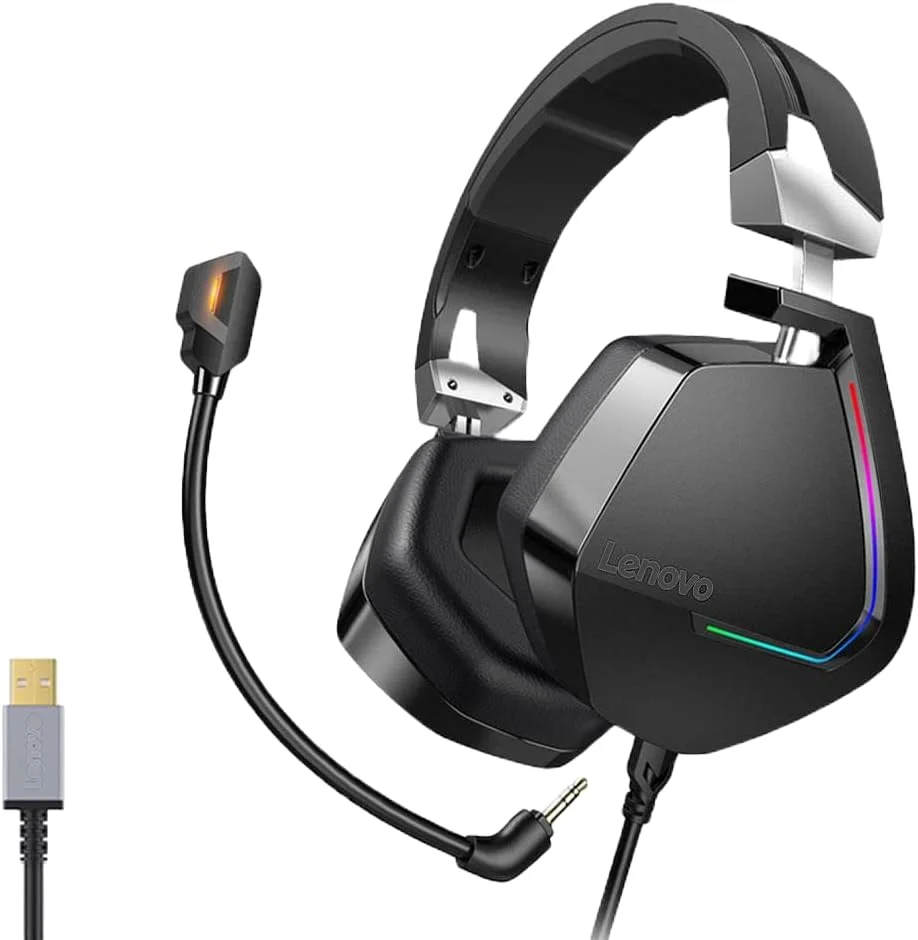 هدست گیمینگ استریو سیم دار لنوو H402 RGB با USB + AUX 3.5mm، صدای استریو 7.1، میکروفون جداشدنی با قابلیت حذف نویز، درایور 50 میلی‌متری برای PC، PS، Switch، Xbox One/X/S، موبایل
