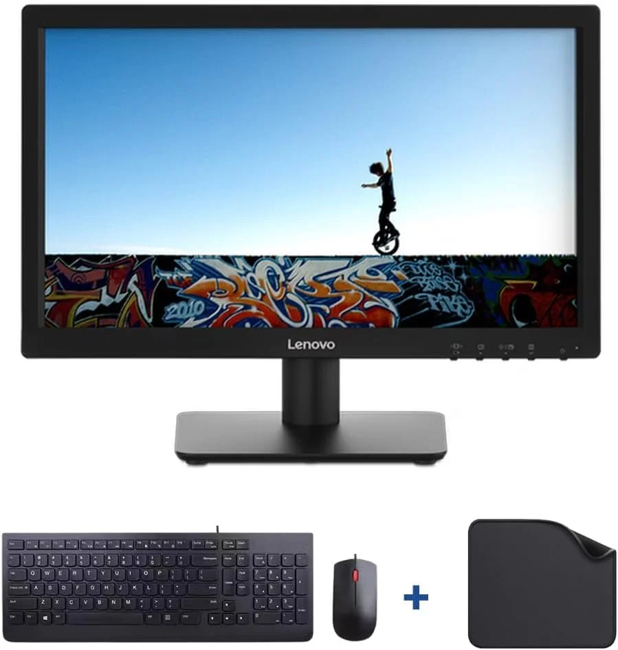 مانیتور 18.5 اینچی HD لنوو (D19-10) به همراه پایه هدست فناوری موج اول + کیبورد سیمی + ماوس + ماوس پد | ضد انعکاس نور، طراحی باریک، ورودی VGA