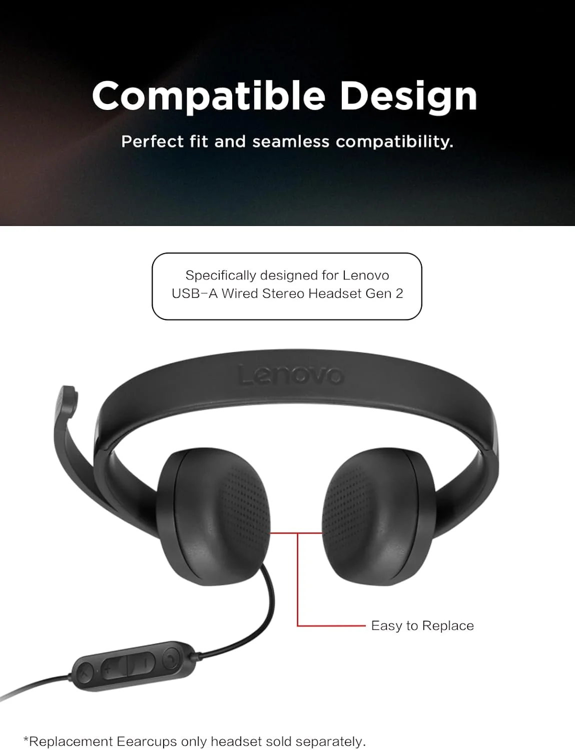 پدهای گوشی جایگزین برای هدست سیمی USB-A لنوو، پدهای گوشی قابل تعویض، فوم حافظه دار، مشکی