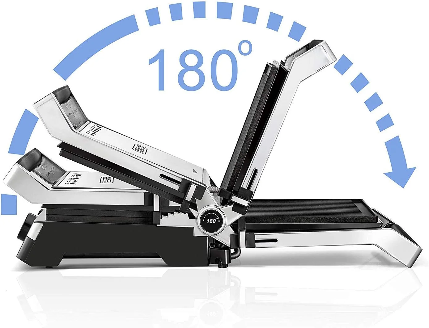 گریل بهداشتی خانواده بلک اند دکر با لولای 180 درجه، 2000 وات، مساحت پخت 1500 سانتی متر مربع، تنظیم ارتفاع 5 سطح، کنترل دمای متغیر، سینی چکه گیر جداشدنی، دسته خنک، مشکی/نقره ای - CG2000-B5