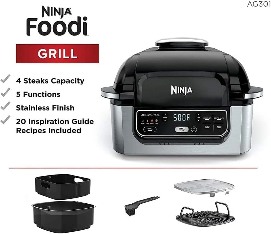 گریل برقی نینجا Foodi 5-در-1 با سرخ کن هوا 4 کوارتی، قابلیت های برشته کردن، پخت، خشک کردن و فناوری گریل سیکلونی، 1760 وات، نقره ای، AG301ME گریل برقی نینجا Foodi 5-در-1 با سرخ کن هوا 4 کوارتی، قابلیت های برشته کردن، پخت، خشک کردن و فناوری گریل سیکلونی، 1760 وات، نقره ای، AG301ME