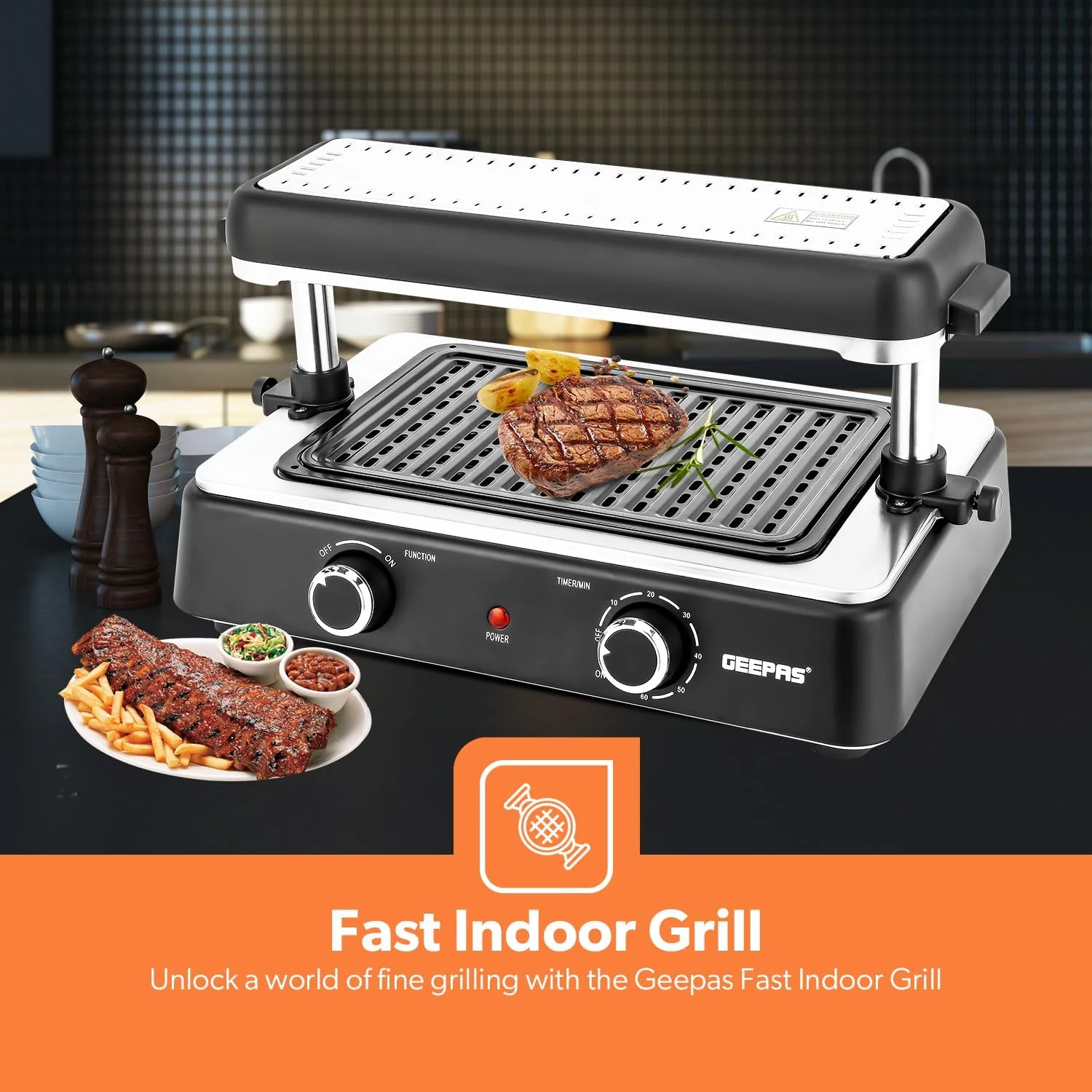 گریل سریع داخلی Geepas مدل GBG63060 | کنترل ترموستات برای پخت و پز متنوع | ایده آل برای استیک، سبزیجات و غیره | جمع و جور، میله تغییر مکان ثبت شده | مشکی
